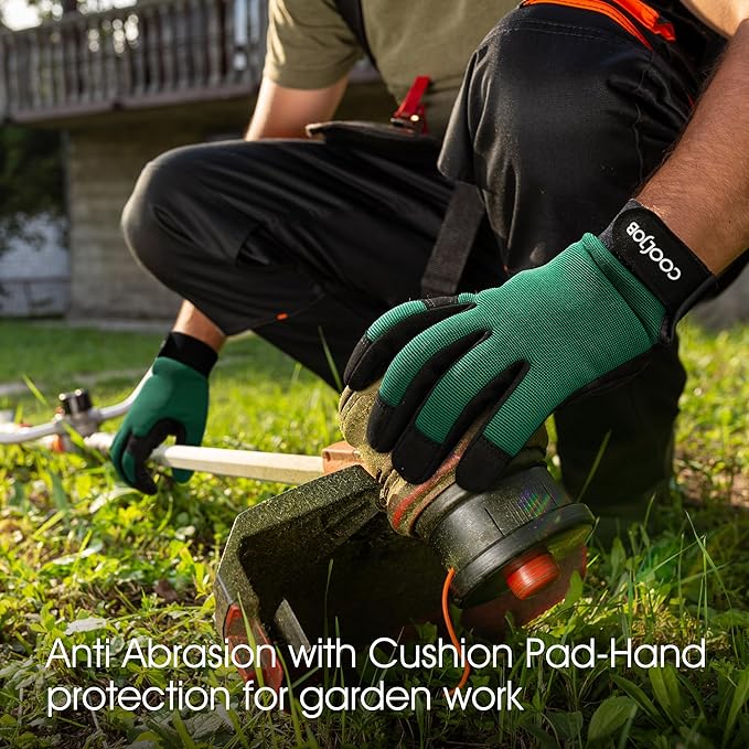 COOLJOB Thorn Proof Garden Gloves with Touchscreen Fingers for Men, Rose Pruning Work Gloves with Palm Cushion for Gardener, Farmer and Landscaper (Green 1 Pair Large)