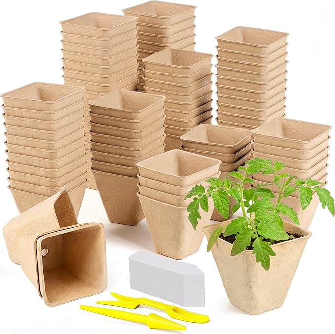 122-Pack 3.15 inch Square Peat Pots for Seedlings with 100 Labels, Biodegradable Nursery Pots with Drainage Holes for Plants