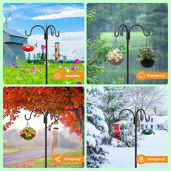 FEED GARDEN [Upgrade Version 76 Inch Three Shepherd Hooks for Outdoor,Bird Feeder Pole with 5 Prong Base, Adjustable Shepard Hooks for Hanging Plant, Solar Lanterns, Wind Chimes, 1 Pack