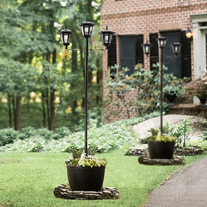 Glitzhome 2Pcs 74” H Outdoor Solar Lamp Post Light Oversized with Planter Pot - 3 Head Street Vintage Garden Solar LED Post Light for Lawn, Pathway, Driveway, Front/Back Door - Warm White