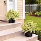 Artificial Morning Glory & Eucalyptus Topiary Trees - Set of 2 Faux Silk Flower Potted Plants, UV-Resistant Fake Outdoor Morning Glory Bushes for Front Door, Yard, Farmhouse, Garden Decor (Yellow)
