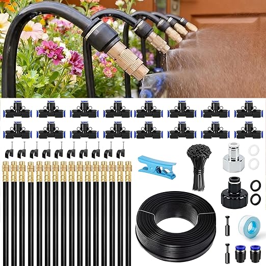 Lawn & Garden Watering Equipment,360° Adjustable Drip Irrigation System,50 ft Garden Plant Watering System with 15 Nozzles, 5/16 inches Hose Greenhouse Accessories for Yard, Lawn, Plants