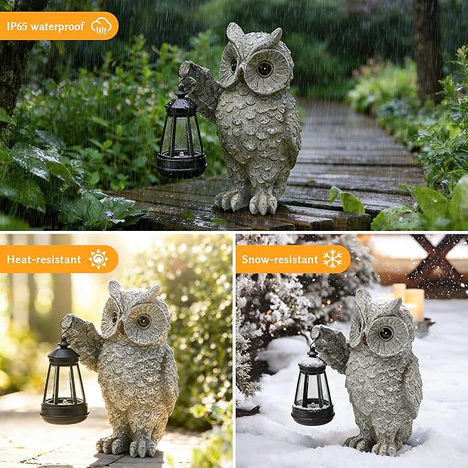 KARTOOSH Solar Garden Statue Owl, Outdoor Decor Resin Owl Light Statues for Yard, Patio, Lawn, Porch, Balcony Ornament, Garden Gift for Women Mom Grandma