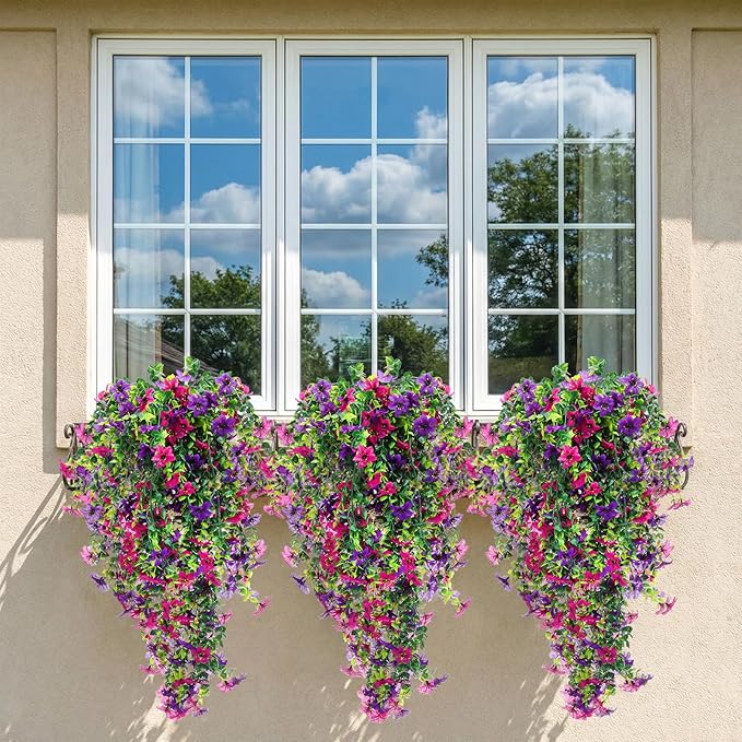 CEWOR 4pcs Artificial Hanging Plants for Outdoor, Fake Flowers Faux Silk Daisy with Eucalyptus, UV Resistant Realistic Faux Flower Greenery for Outside Indoor Home Porch Patio Decor, Purple