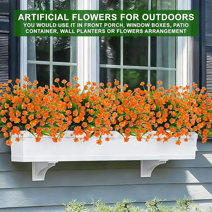20 Bundles Artificial Flowers for Outdoors Summer Decor-UV Resistant No Fade Fake Mums Faux Plants Plastic Flowers Greenery for Home Porch Gardens Fireplace Patio Indoor Outsides Decor(Orange Red)