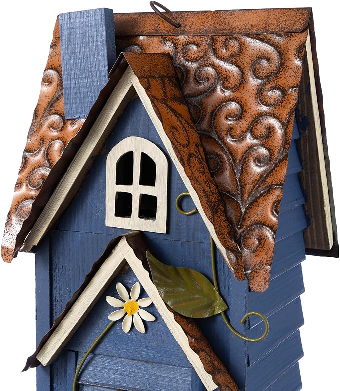Glitzhome Bird Houses for Outside,Hand Painted Hanging Bird House for Outdoors, 24.25" H Oversized 3-Tiered Villa Decorative Wooden Bird Houses Large Birdhouse for Garden, Washed Blue