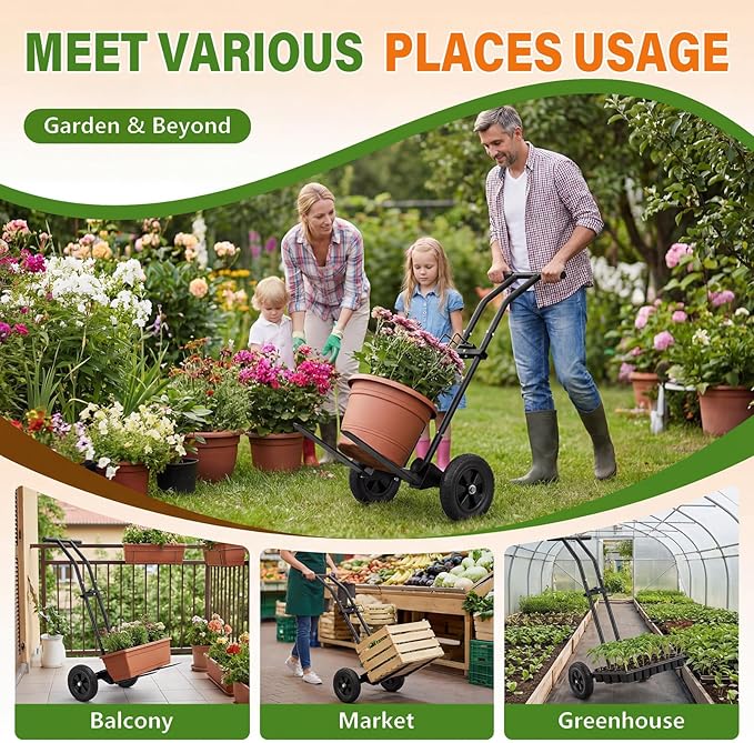 Adjustable Plant Caddy with Wheels, Heavy Duty Plant Dolly Cart w/Grab Arm and Strap Dual Protection, Garden Potted Plant Mover Dolly for Planter Flower Pots Indoor Outdoor, Supports 175lbs, Black