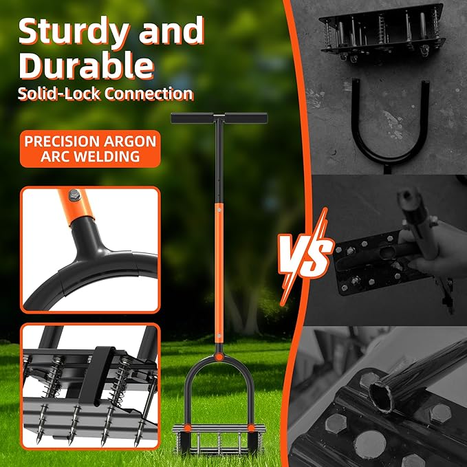 Aerator Lawn Tool - 2-in-1 Reinforced Heavy Duty Manual Lawn Aerator with 15 Spikes, Automatic Dirt and Leaf Clean Design, Adjustable T-Handle (Orange)