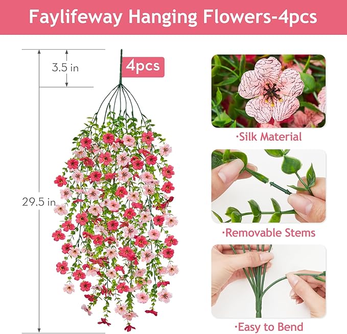 Artificial Hanging Flowers for Outdoors Spring Summer Decoration, 4PCS UV Resistant Silk Fake Hanging Plants for Patio Porch Front Yard Window Garden Indoor Decor(Hot Pink&Light Pink,4PCS)