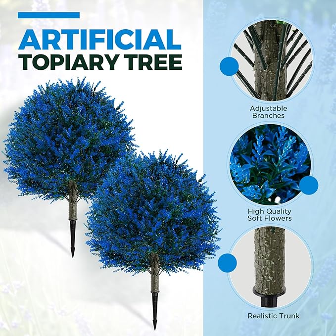 Lunmon 2 Pack 24" Artificial Topiary Ball Plants Trees with Flowers, Outdoor Fake Topiary Plants with Ground Spike, UV Resistant Faux Bushes for Indoor Outdoor Front Door Decor(Blue,Lavender)