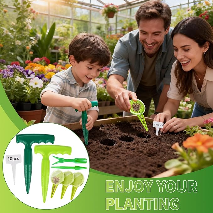17Pcs Seed Planter Tool with 5-Hole Seed Dispenser & 6.9" Dibber & Succulent Tools Set, Plastic Planting Tools for Sowing, Bulbs, Seedlings-Includes Planting Labels