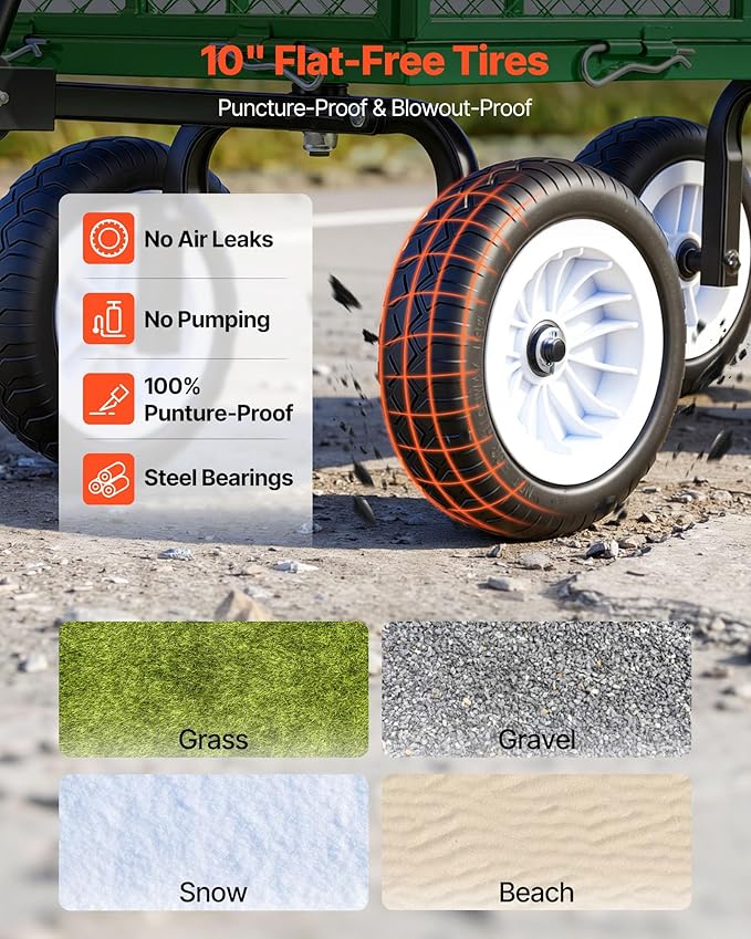 VEVOR 900 LBS Steel Garden Cart, 2 in 1 Handle, Heavy Duty Pullable Garden Wagon with 10" Flat-Free Tires, Outdoor Utility Yard Wagon Cart with Detachable Side Panels, Attach to ATV or Tractor