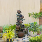 60" H Large Outdoor Water Fountain, 5-Tier Cascading Waterfall Fountain Feature with LED Lights, Rustic Crock Garden Water Feature for Patio, Backyard, Porch, Indoor & Outdoor Décor