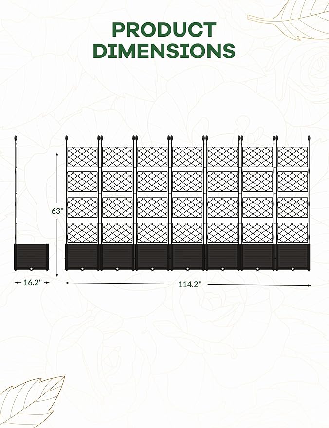 7 PCS Raised Garden Bed with Trellis & Privacy Screen, 116" w x 63" Tall Vertical Garden Planter Box for Climbing Plants - Sturdy Lightweight Outdoor Planter for Vegetables, Flowers on Patio, Balcony