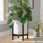 D'vine Dev Ceramic Planter with Ebony Stand - 14 Inch Modern Round Flower Pot with Wood Planter Holder, White, 55-B-S-1