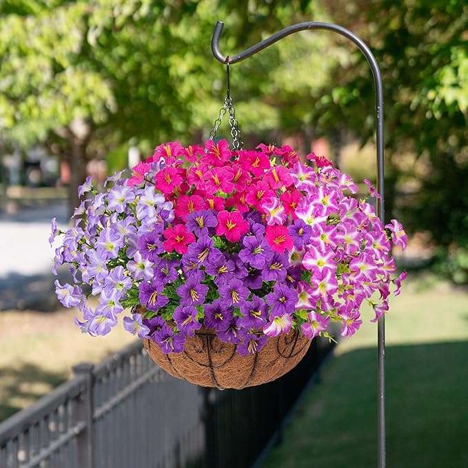 Artificial Flowers for Outdoors Fake Plants Outside Decoration, 20 Bundles Purple Silk Petunia with Eucalyptus UV Resistant Realistic Faux Flowers for Outdoor Planters Garden Balcony Yard Porch Patio