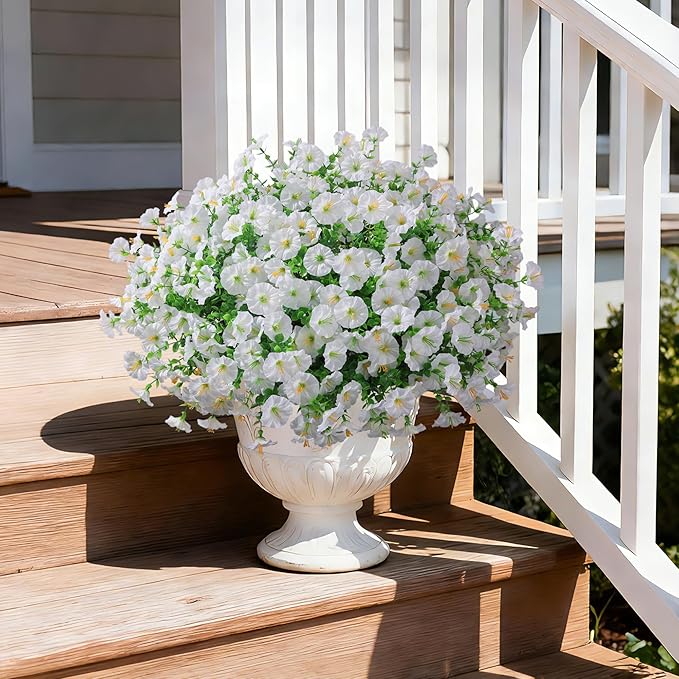 Ivydale 24 Bundles Artificial Flowers for Outdoors Spring Outside Decoration, Faux Silk Petunias White Fake Flowers Bulk Realistic UV Resistant Plants for Outdoor Planters Porch Patio Garden Yard Home