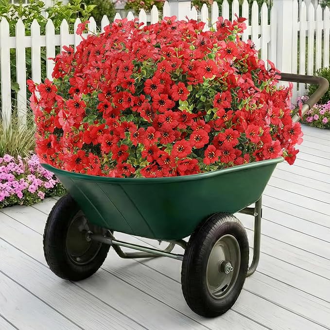 Artificial Flowers Fake Plants for Outdoors Spring Decoration, 13Bundles Silk Realistic UV Resistant Faux Flowers for Outside Planter Porch Yard Patio Garden Home Indoor, Red