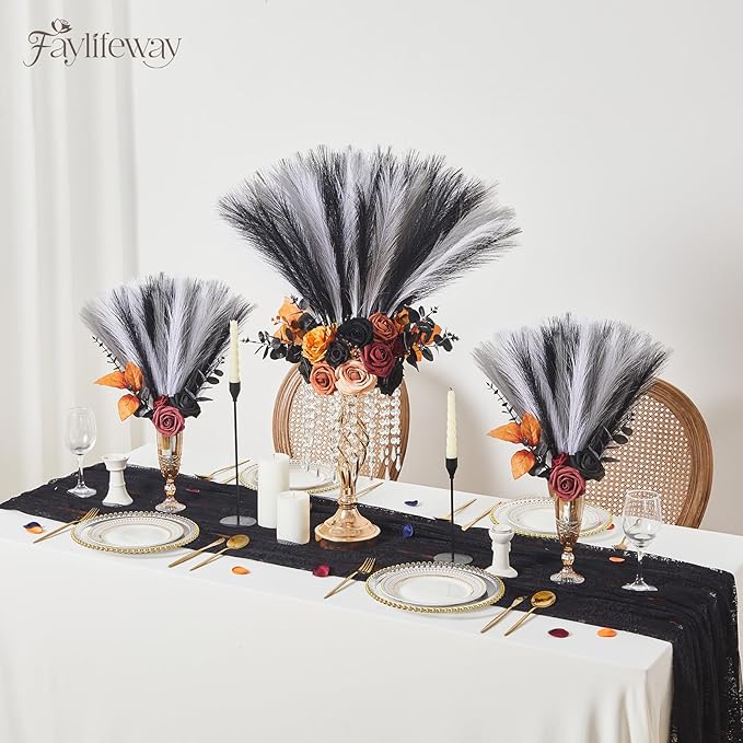 50pcs Pampas Grass 17in, Black and White Pampas Grass Artificial Fluffy Vase Filler Flower Arrangement for Home Party Living Room Decor(Black & Grey & White)