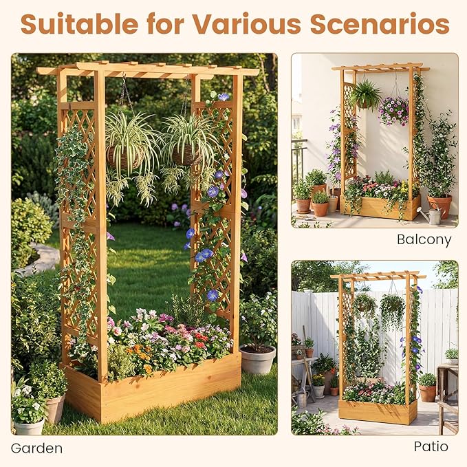Happygrill 70” Raised Garden Bed with Trellis, Wood Planter Box w/Hanging Roof, 2 Side Trellises, Open-ended Base for Flower, Vegetable, Vine Climbing Plant, Vertical Plant Container for Garden, Patio