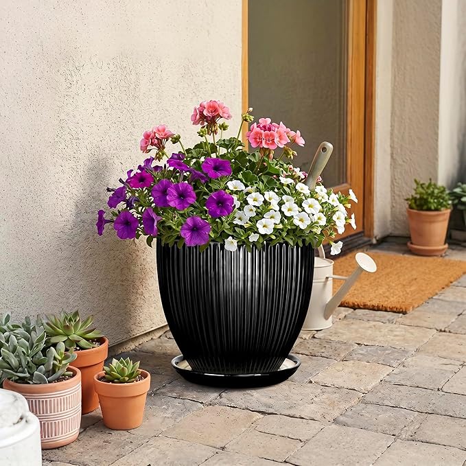 10 Inch Planter, Ceramic Plant Pots with Drainage Hole and Saucer, Large Decorative Planters for Indoor Plants, Modern Plant Pot, Round Flower Pot, House Bedroom Decor, Black