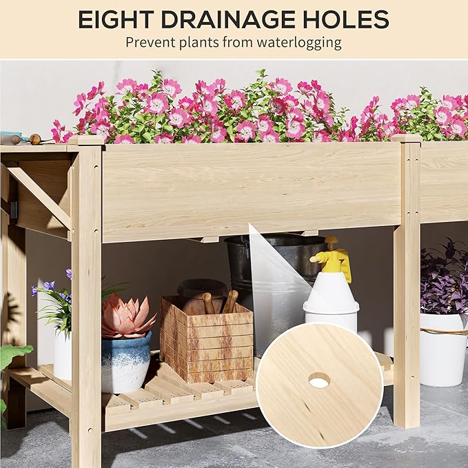 Outsunny Raised Garden Bed, Wood Elevated Planter Box with Side Table, Bottom Shelf, Outdoor Raised Planter with Bed Liners, Drainage Holes for Vegetable Flower, 81.5 x 23 x 31 in, Natural