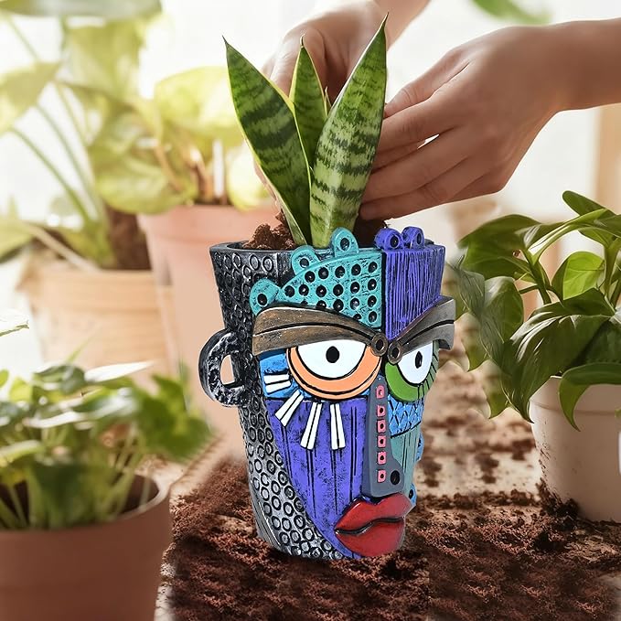 Midogaigai Abstract Face Planter Pots for Plants,Hand-Painted Colorful Flower Pots with Drainage,Indoor Outdoor Garden Decor Gift(Eclectic,Small)