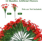 CEWOR 12 Bundles Artificial Flowers for Outdoor Indoor, Fake Silk Daisy with Eucalyptus Leaves, Faux Flower for Valentine's Day Decor Garden Front Door Porch Planter Patio Home Decor (Red)