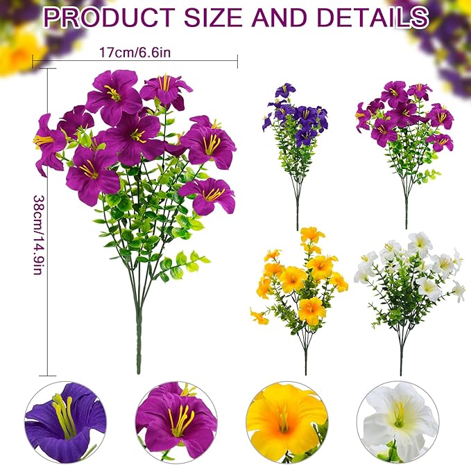 32 Pcs Faux Petunias Artificial Flowers For Outdoors, UV Resistant Fake Petunias Plants Realistic Silk Flowers for Porch Front Door Garden Window Outside Decor (32, White,Yellow,Purple,RedViolet)