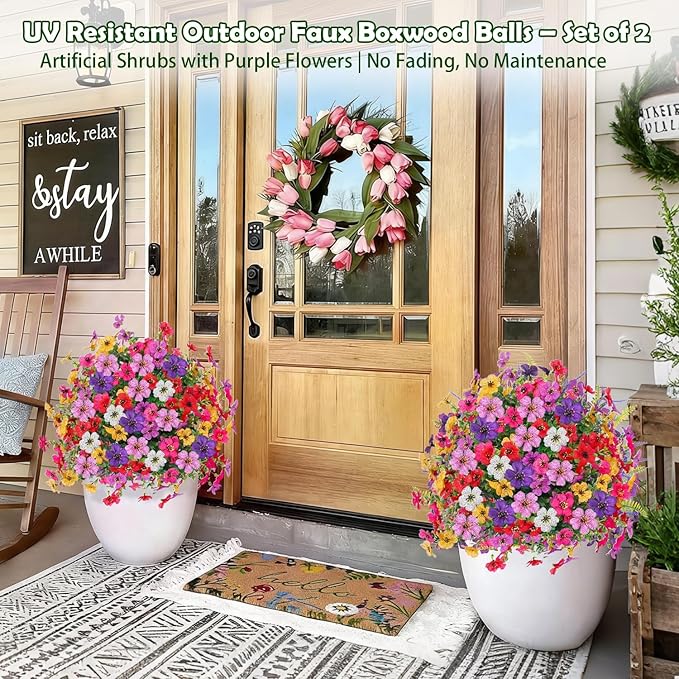 2 Pack Artificial Topiary Ball Tree with Ground Spike,23" Outdoor UV Resistant Fake Boxwood Bushes with Flower Violet,Shrub Faux Plants Evergreen Tree for Garden Porch Yard Patio Spring Decor