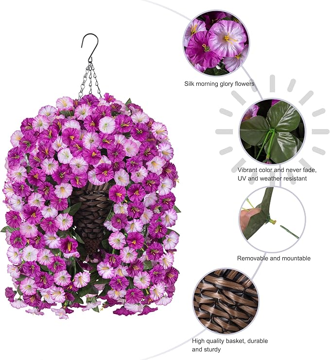 Artificial Fake Flowers Plants Hanging Baskets Outdoor Outside Spring Decor, Faux Silk Light Fuchsia and Fuchsia UV Resistant Look Real Morning Glory Home Patio Porch Balcony Decoration