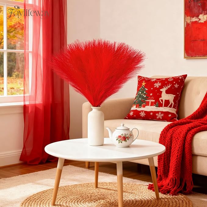 50 PCS Red Pampas Grass, 17in Pampas Grass Decor, Artificial Pompas Wall Decor for Vase Room Bedroom Kitchen Table Wedding Party Birthday Baby Showers（Red）