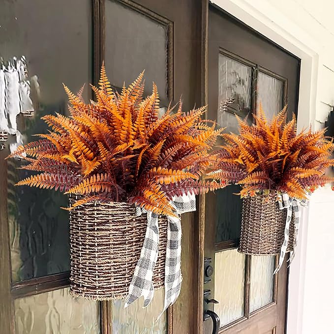 20 Pcs Artificial Boston Fern Plants Bushes Outdoors Fake Fall Greenery Flowers UV Resistant Faux Plastic Fall Fern Shrubs for Outside Window Box Planter Front Porch Patio Arrangement Décor