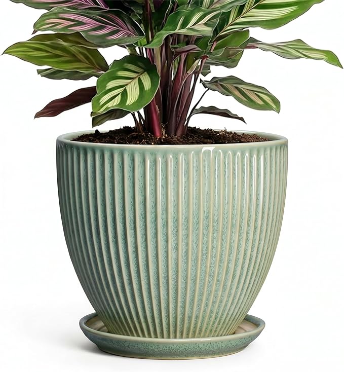 Ceramic Plant Pots, 6 Inch Ceramic Pots for Herb Snake Plants, Indoor Small Flower Pot with Drainage Hole and Saucer, Modern Round Planter, Room Office House Decor, Gardening Gifts, Green