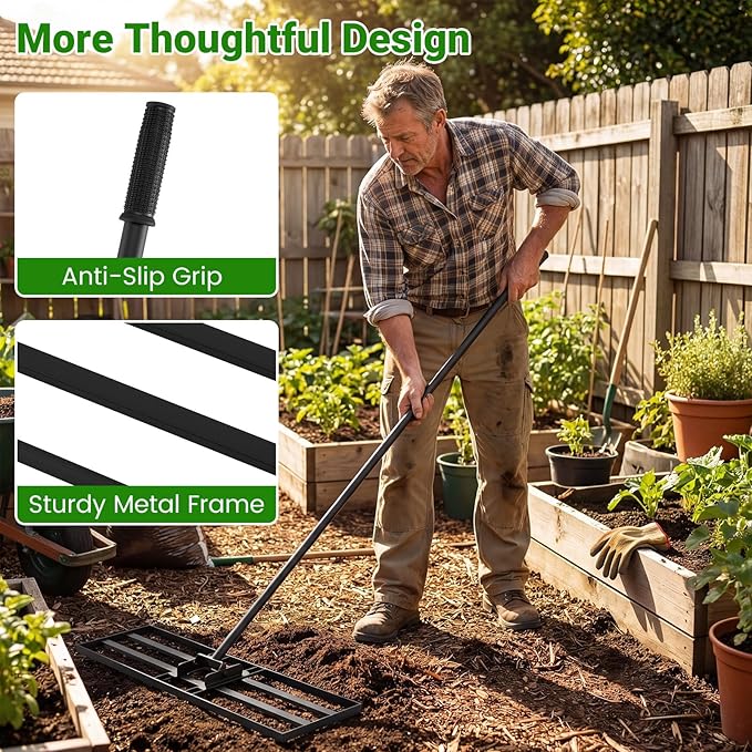 Goplus Lawn Leveling Rake, 30" x 10" Heavy Duty Level Lawn Tool w/ Ergonomic Handle for Soil, Effort-Saving Landscape Rake for Garden, Backyard, Golf Course, Farm, Pasture (Black)