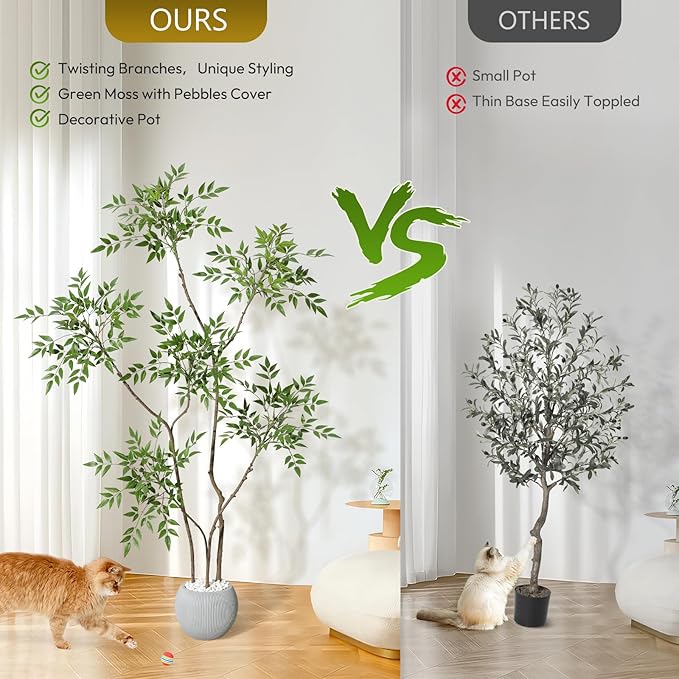 GarveeHome Artificial Plants Indoor, 5 ft Tall Faux Floor Plant in Pot, Nandina Artificial Tree with Grey Planter for Home Decor Office Living Room