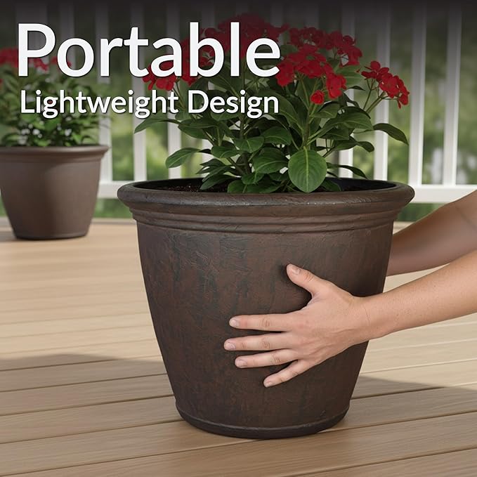 Sunnydaze 15.25-Inch Anjelica Large Plastic Pot for Plants - Outdoor Double-Walled Large Plastic Planter with Drillable Drainage Holes - Rust - 4pk