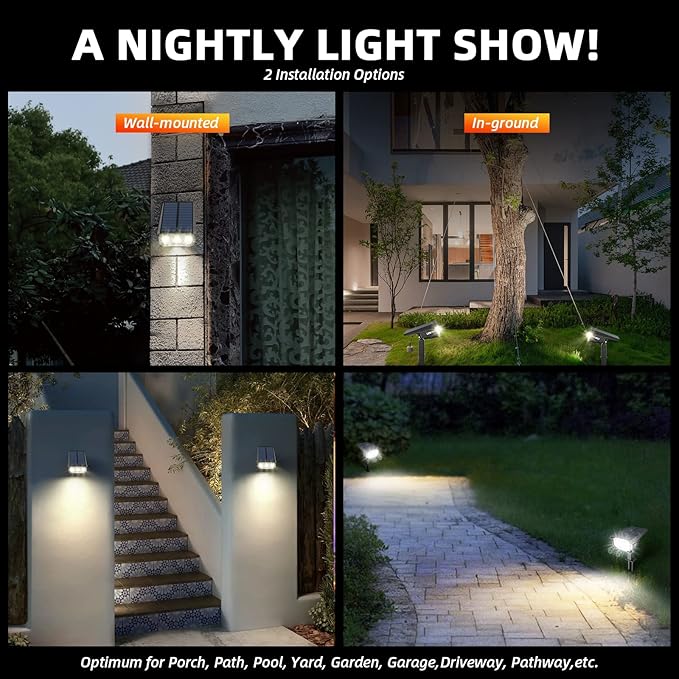 LEREKAM Solar Lights Outdoor Waterproof Landscape Lights, 40 LEDs Solar Spot Lights Outdoor Spotlights with 3 Light Modes, USB & Solar Powered Garden Yard Wall Lights Auto On/Off for Patio 6 Pack