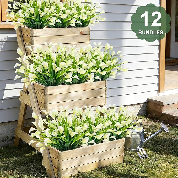 TURNMEON 12 Bundles Calla Lily (240 Heads) Artificial Flowers for Outdoors, Fake Plants UV Resistant Faux Plastic Fake Flowers for Indoor Planter Home Porch Yards Spring Summer Cemetery Decor(White)