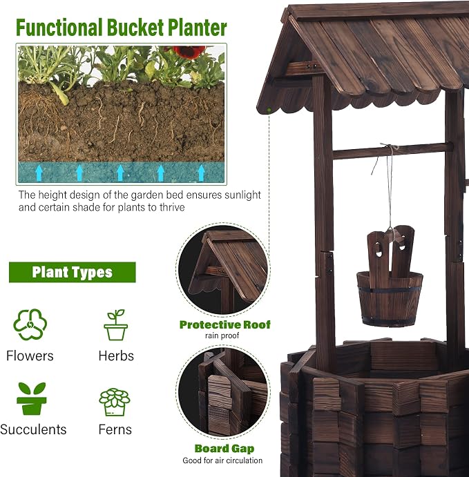 Notume Garden Wooden Decor Rustic Wishing Well Planter Outdoor Home Décor for Patio, Upgrade Wishing Well Garden, Yard Hanging Bucket Patio Lawn Backyard Home Decor