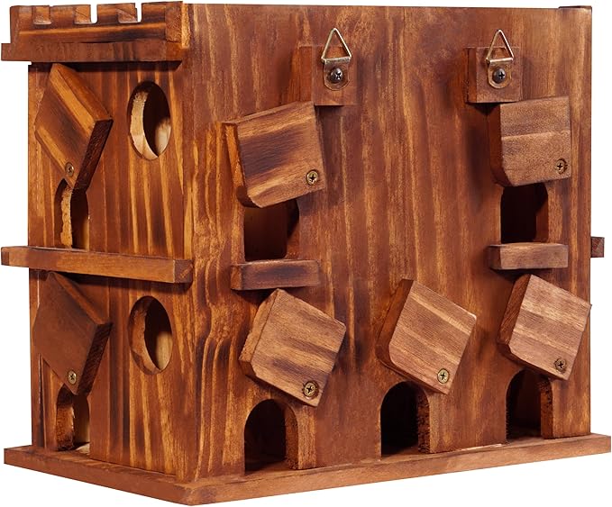 MIXUMON Wooden Bird Houses for Outside – 9 Rooms Large Bird House, Carbonized Pine Rustic Finish, 1.5" Entrance Holes, Cleaning Doors, Outdoor Birdhouse Nesting Box (Rustic, 9 Rooms)