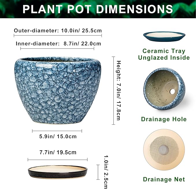 10 Inch Plant Pot - Ceramic Pots for Plants with Drainage Hole and Saucer, Ceramic Planters for Indoor Outdoor Plants, Round Flower Pots, Entryway Decor, Gifts for Plant Lovers, Stone Blue