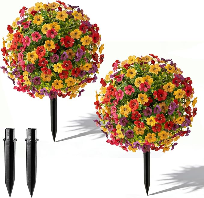 2 Set Artificial Violet Topiary Trees with Spike, UV Resistant Faux Shrubs Bushes Fake Greenery Plants Faux Flowers for Outdoor Indoor Front Door Home Decor