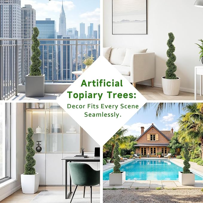 THE BLOOM TIMES 4ft Spiral Topiary Trees Artificial Outdoor Set of 2, 48" Faux Boxwood Plants Outside - All-Year Green Fake Twisted Tree for Garden Front Porch Planter Decor 4 Foot