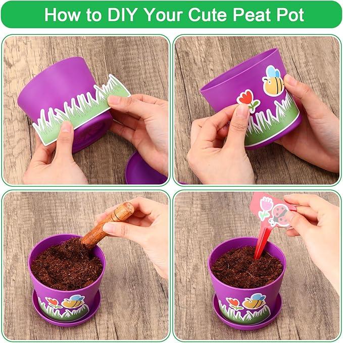 Domensi 30 Pack Garden Pot Craft Kit 4 Inch DIY Spring Crafts for Kids Bulk Plastic Flower Plant Pot Plastic Planter with Tray Drainage Holes with Tag, Certificate of Award, Sticker (Multicolor)