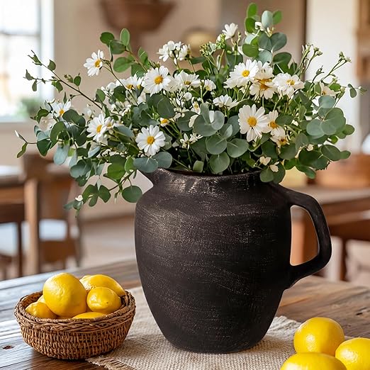 Potchen Rustic Kitchen Utensil Holder with Handle,7.48" H Ceramic Vintage Utensil Crock for Countertop, Farmhouse Kitchen Decoration Ceramic Pot for Spatulas Spoons Tongs(Novelty,Antique Black Gold)