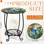 Outdoor Side Table Round Small Mosaic Patio Accent Indoor End Plant Coffee Tea Table for Yard Patio Porch Garden Living Room, Bedroom(Butterfly Style,14 Inch)