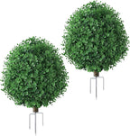 27'' Artificial Topiary Plants for Outdoor 2 Pack Artificial Topiary Trees with Stable Metal Ground Spike Fake Bushes Shrubs for Outside Garden Front Porch Landscape Walkway, Green Eucalyptus