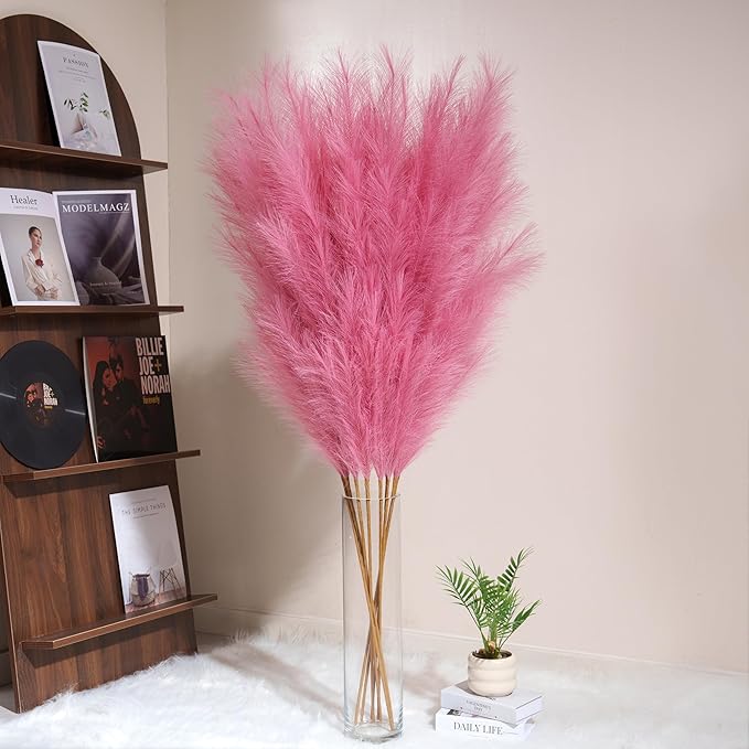 Premium Faux Dark Pink Pampas Grass – 55" 8pcs Tall Ultra-Fluffy 24-Branch One-Piece Stems No Assembly, Luxury Silk-Feel Feather Flowers for Boho Wedding Girls Room Home Decor (Magenta, 8 Stems)