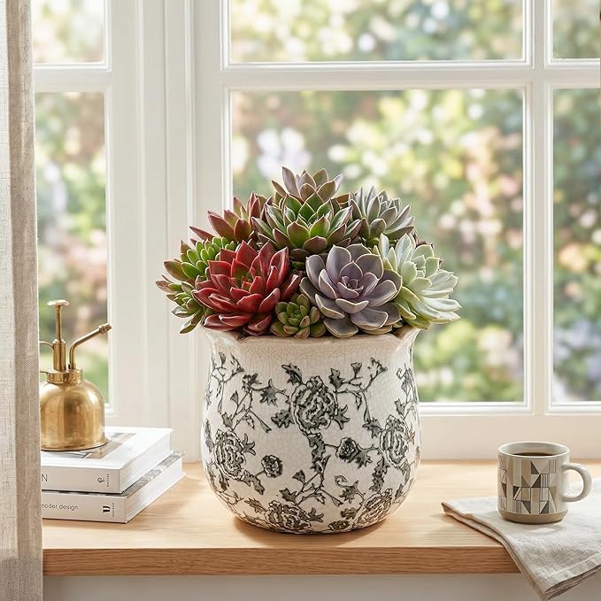 DREAMLOOM Vintage Ceramic Planter for Indoor Plants,6.1" Ice Crack Cottage Scroll Vase Tuscan Decor Flower Pots with Drainage Holes Home Kitchen Farmhouse Antique Decorative Gift (Grey-Corrugated)